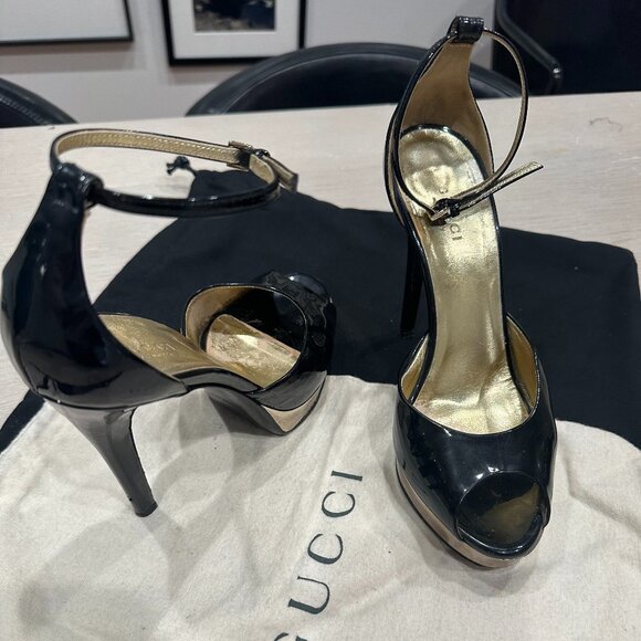 Gucci Black Patent Leather Gold Platform Pumps EU IT 36 / US 6 - Picture 2 of 7